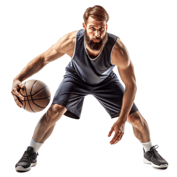 Bearded man in athletic wear dribbling a basketball with intense concentration and determination png