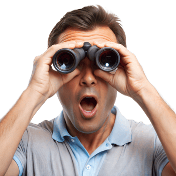 A man looks through binoculars, seeming surprised png