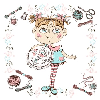 A cute needlewoman girl with embroidery. Accessories for needlework. . vector