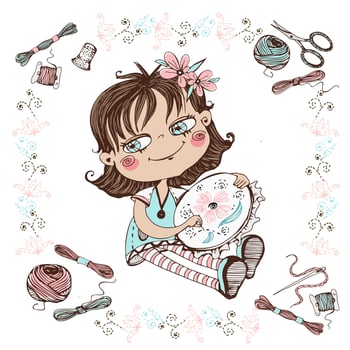 A cute girl embroiders on a hoop. . vector