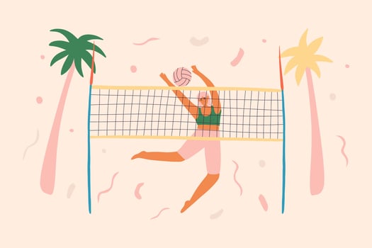 Young girl is playing beach volleyball, blocking an attack on the net. Summer healthy lifestyle concept. Illustration for sports school, volleyball camp, t shirt, flyer. vector