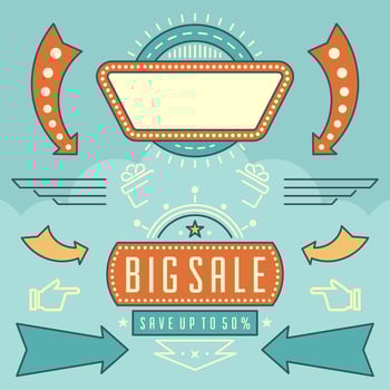 Retro American 1950s Sign Design Elements Set. Billboard Signage Light Bulbs, Frames, Arrows, Icons, Neon Lamps. vector