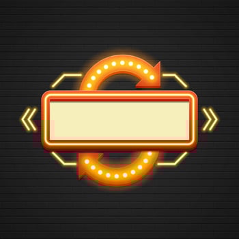 Retro Showtime Sign Design. Cinema Signage Light Bulbs Frame and Neon Lamps on brick wall background vector