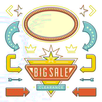 Retro American 1950s Sign Design Elements Set. Billboard Signage Light Bulbs, Frames, Arrows, Icons, Neon Lamps. vector