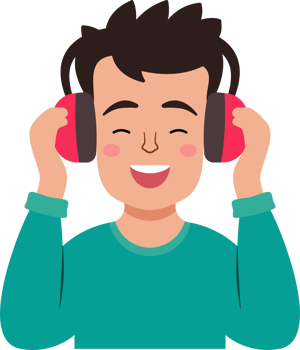 A young man wearing headphones is smiling and enjoying his music png
