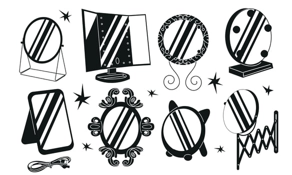 Set with various mirrors. Round and rectangular reflective surfaces. Modern or classic and decorative vintage frames. Framework with light bulbs. Interior furniture set on white background. vector