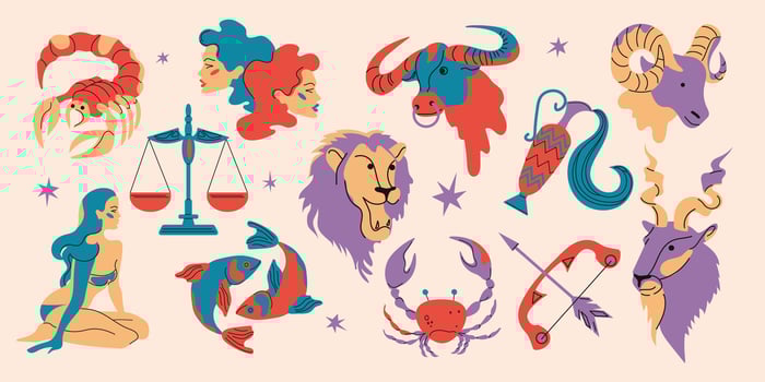 Astrological signs of the zodiac on a white background.Aries, Taurus, Leo, Gemini, Virgo, Scorpio, Libra, Aquarius, Sagittarius, Pisces, Capricorn, Cancer. Zodiac constellations. vector