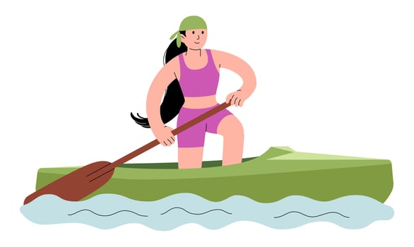 Sports female athlete trains on kayak color icon. In pose with support on one knee, she paddles. Canoe training. Rowing sprint. Character for sports standings, web, mascot. flat illustration. vector