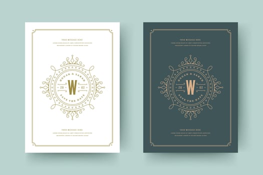 Wedding save the date invitation cards vintage flourishes ornaments with ornate decorations elegant template. vector