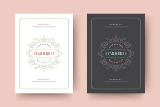 Wedding save the date invitation cards flourishes ornaments. vector