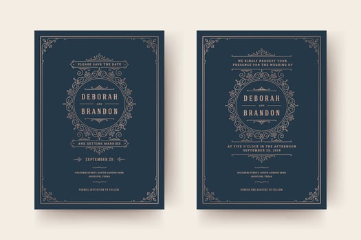 Wedding invitation and save the date cards flourishes ornaments vignette swirls. vector