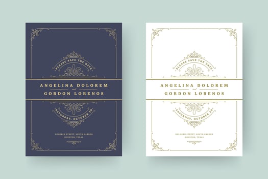 Wedding invitation save the date card template elegant flourishes ornaments vignette swirls illustration. vector