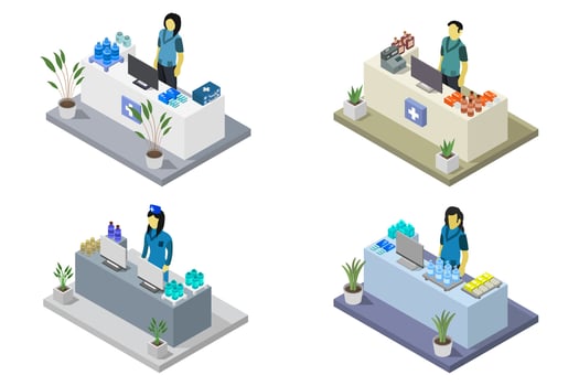 Pharmacy store and doctor isometric on white background vector