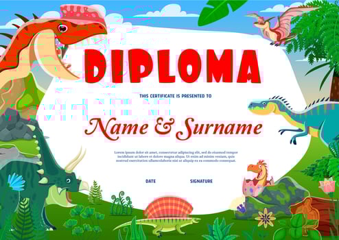 Kids diploma, funny dinosaurs and dino characters vector