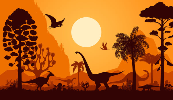 prehistoric dinosaur silhouettes, scene vector