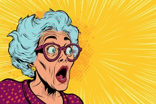 Amazed grandmother. Old, gray-haired woman in glasses and looking with surprising. Unbelievable news, big sale concept in pop art retro comic style vector