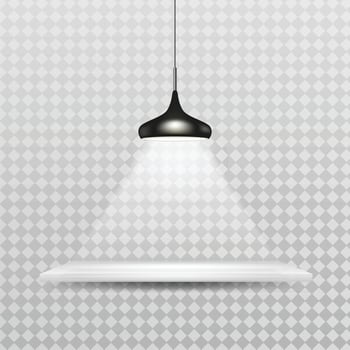 Spotlight shelf on wall background design. Light gallery spot empty room advertising shelf lamp. vector