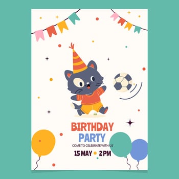 Birthday party invitation with cartoon character cat football player vector
