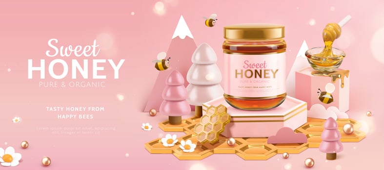 Organic honey ad banner with cute bees and pink miniature forest scene in cartoon design, 3d illustration vector