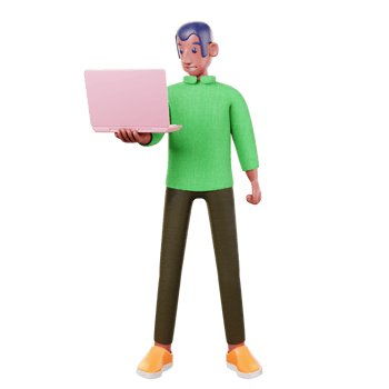 a cartoon student with a green sweater holds a laptop png