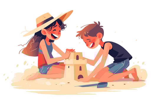 Two children happily building a sandcastle on the beach, enjoying a sunny day with a playful atmosphere. Flat illustration. vector