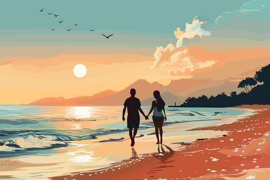 A couple holding hands while walking on a beach during sunset, with the sun setting over the horizon and birds flying in the sky. Flat illustration. vector