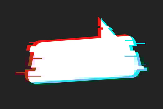 White speech bubble with retro glitch effect on a textured background. Broken pixels, banner template with empty space for text, geometric texting dialogue box. vector