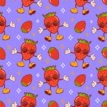 Hello summer. Cool strawberry in sunglasses, a cute retro cartoon character. Groovy, vintage. Trendy old style. Seamless pattern for wallpaper, fabric, wrapping, background. vector