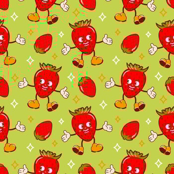 Hello summer. Cool strawberry, a cute retro cartoon character. Groovy, vintage. Trendy old style. Seamless pattern for wallpaper, fabric, wrapping, background. vector