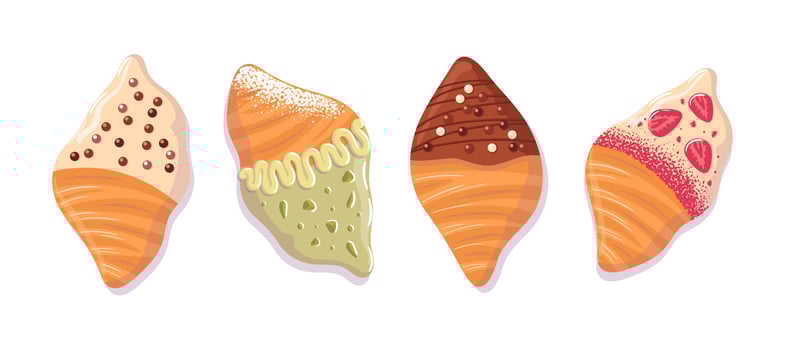 Set Viral trendy flat croissants with black, white and green icing and pistachios. chocolate cream, crispy. Food illustration, cartoon style. For stickers, posters, postcards, design elements. vector