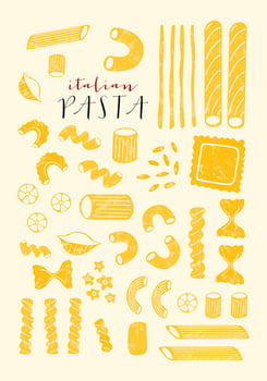 Big set of Italian pasta. Different types of Italian pasta. Spaghetti, Farfalle, penne, rigatoni, ravioli, fusilli,conchiglie, elbows, rotelle, orzo, paccheri illustration. vector