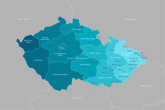 modern illustration. Simplified administrative map of Czech Republic. Border with nearest states Austria, Germany and etc. Blue shapes of regions. Names of cities and regions vector