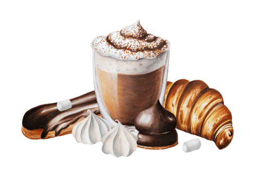 Fluffy foam mocha illustration coffee in a glass cup, eclair, marshmallows in chocolate, meringue, croissant. Watercolor hand painting sweet on a white isolated background. For designers, menu, sh png