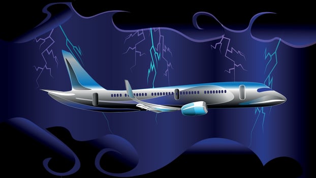 A plane flies in the sky in dark clouds during a thunderstorm, lightning flashing from all directions vector