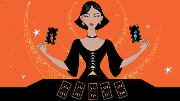 A beautiful lady in an elegant black dress does a tarot reading of the future, past and present. vector