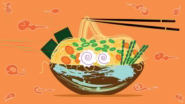 Yummy noodles. Large bowl of aromatic noodles with vegetables. vector