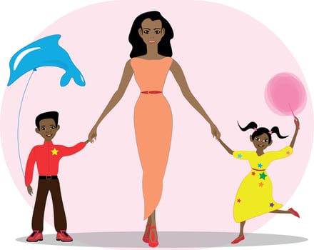 Happy mother holds hands of her cheerful children, cute little daughter holding a cotton candy and son with dolphin shaped balloon. Mom took her happy kids to the amusement park. vector