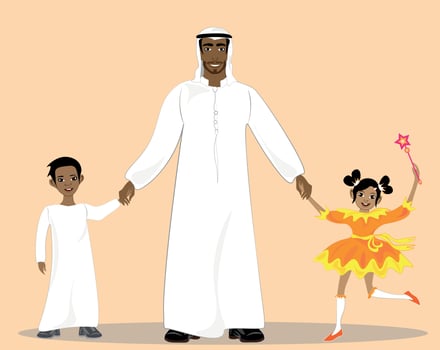 happy Arabic father with two kids. Happy father holds hands of his cheerful children, daughter and son. Father took his children to an amusement park. vector