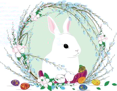 Easter Bunny in the branches of flowering willow and apple tree flowers. Families celebrate Easter together. Happy Easter God Bless All of Us around the world vector