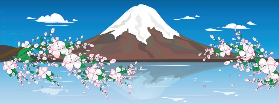 Illustration Fuji Mountain in Japan. Beautiful nature of snowy mountain with sakura blossoms. Japanese romantic place for. Illustration for any design and decoration. vector