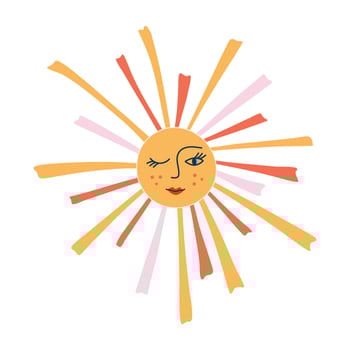 Sun symbol with face and rays. Colorful retro style print. Hand drawn flat style illustration isolated on transparent background. vector
