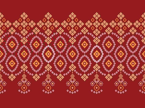 Traditional ethnic motifs ikat geometric fabric pattern cross stitch.Ikat embroidery Ethnic oriental Pixel red background. Abstract,illustration. Texture,christmas,decoration,wallpaper. vector