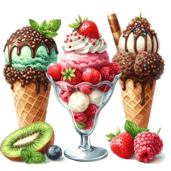 A luscious and vibrant ice cream in a waffle cone, adorned with fresh berries and a variety of toppings, perfect for a sweet treat on a sunny day. Clip art isolated on transparent background png
