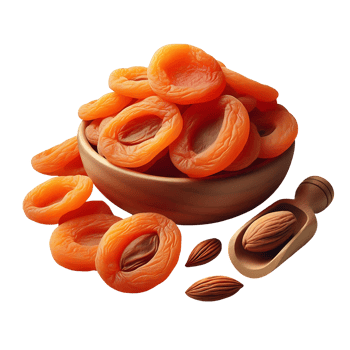 Apricots in a ceramic bowl with a wooden spoon and seeds. Ideal for recipes, culinary projects, and packaging design. png