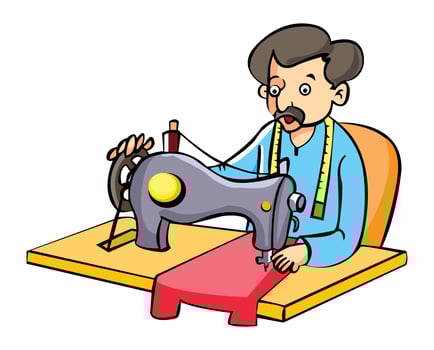 a tailor sitting and stitching clothes on a stitching machine with an inchtape put around his neck vector