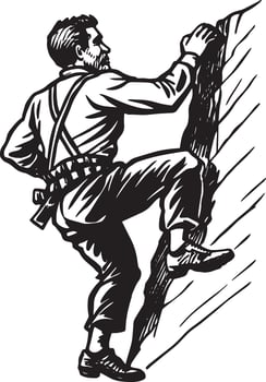 a man climbing a mountain in black and white illustration vector
