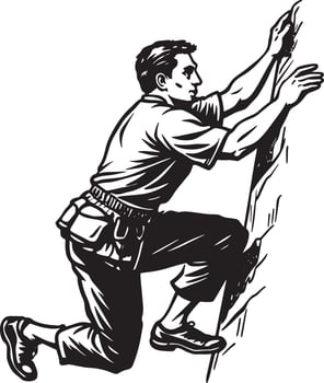 a man climbing a mountain in black and white illustration vector