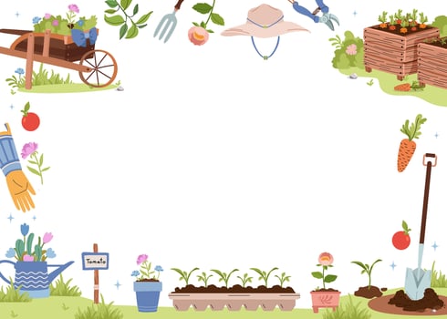 Summer and spring garden frame. Background with agriculture . Garden tools, household collection. Growing vegetables. Spring seedlings, compost, cart. vector
