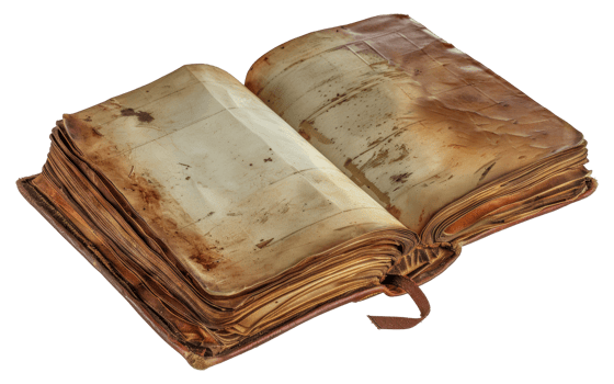 An old leather bound book is open to a page with a faded writing - stock .. png