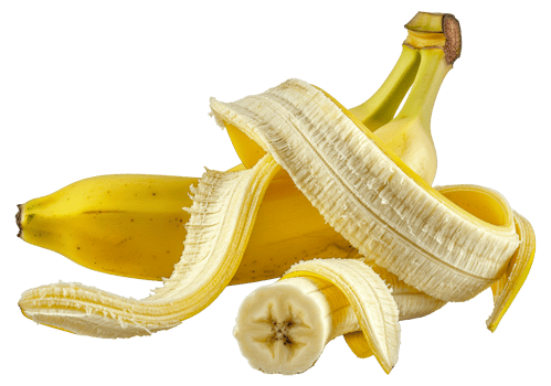 A banana peel is sliced in half and a banana is shown in the middle - stock .. png